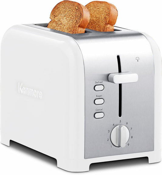 Kenmore toaster 2 slice - extra wide slot countertop kitchen appliance, defrost function, tostador de pan, 9 shade settings, compact design, easy clean crumb tray, bread bagel, stainless steel & White