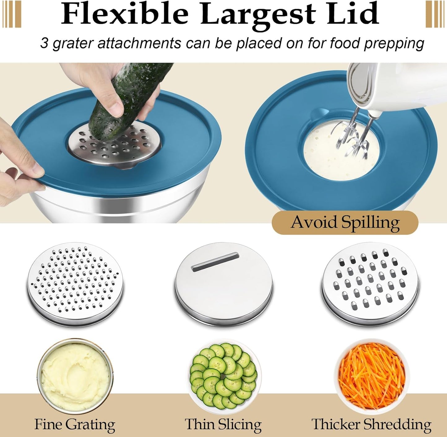 TeamFar Mixing Bowls with Lids Set, 6PCS Stainless Steel Metal Nesting Salad Bowl with 3 Grater Attachments, for Food Baking/Mixing/Serving/Storing, Dark Blue- 4.6/2.6/2 / 1.5/1 / 0.7 QT