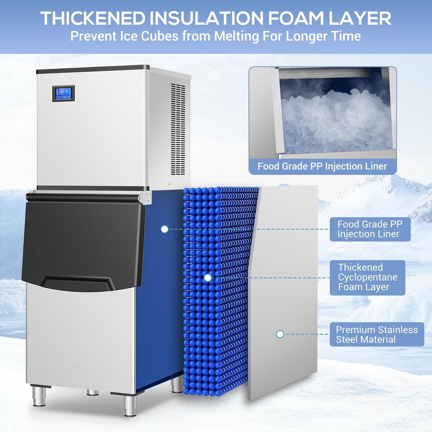 Commercial Ice Maker Machine 560Lbs/24H, Industrial Ice Machine 280 Lbs Storage Bin, 182PCS Clear Ice Cubes in 11 Mins, Freestanding Stainless Steel Ice Maker for Restaurants/Bar/Large Families