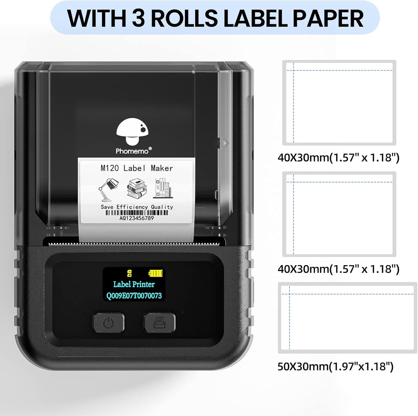 Phomemo M120 Label Maker, 2 Inch Bluetooth Thermal Label Printer with 3 Rolls Thermal Label(4030/4030/5030mm), Label Maker Machine for Small Business, Barcode, Address, Sticker Printer for Phone & PC