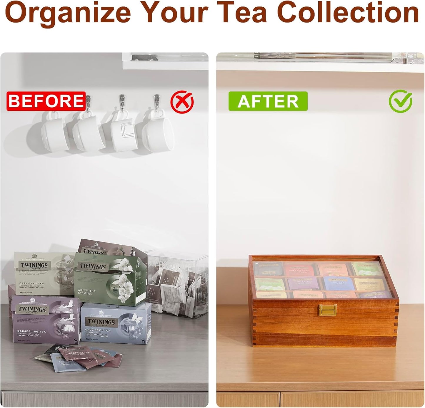 Tea Bag Organizer, Acacia Wood Tea Organizer Box, 12 Compartments Tea Organizer for Tea Bags with Clear Glass Window, Tea Bag Holder for Countertop Kitchen Cabinet Pantry - Keeps Tea Bags Fresh