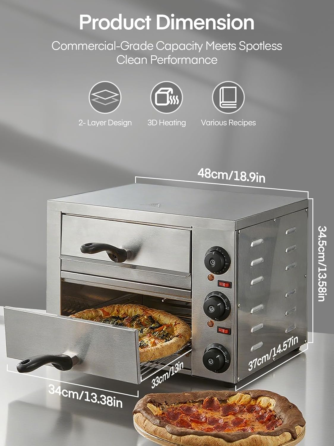 Commercial Pizza Oven, 12 Inch Countertop Pizza Ovens with 662°F Max Temp, 2-Layer Electric Pizza Cooker with Alert Timer, 1700W Stainless Steel Pizza-Maker Machine, for Restaurant,Home, Party, Silver