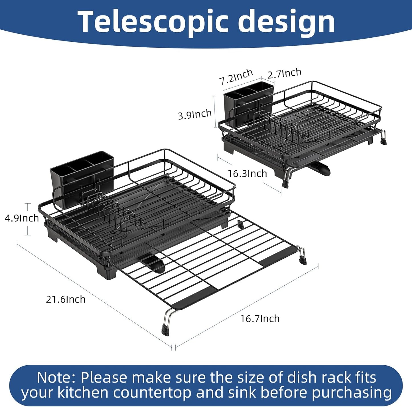 Extendable Dish Racks 16.3"-21.6" L x 16.7" W,Stainless Steel Dish Drying Rack for Kitchien Counter, Anti-Rust Dish Strainer with Cutlery Holder