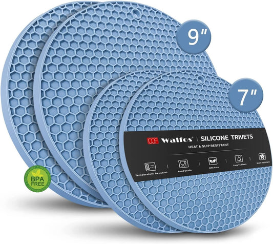 Silicone Trivet Mats - Walfos Heat Resistant Pot Holders Set, 4pcs 2 Sizes 7 Inch & 9 Inch, Multipurpose Non-Slip Hot Pads for Hot Pot, Hot Dishers, Jar Opener, Food Grade & BPA Free (Nordic Blue)