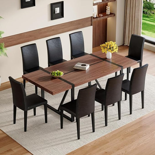 86.6" Dining Table Set for 8, Modern 9 Piece Wood Kitchen Table and Chairs Set, Rectangle Dining Room Table with 8 PU Leather Upholstered Chairs, Ideal for Home, Kitchen, or Apartment Dining