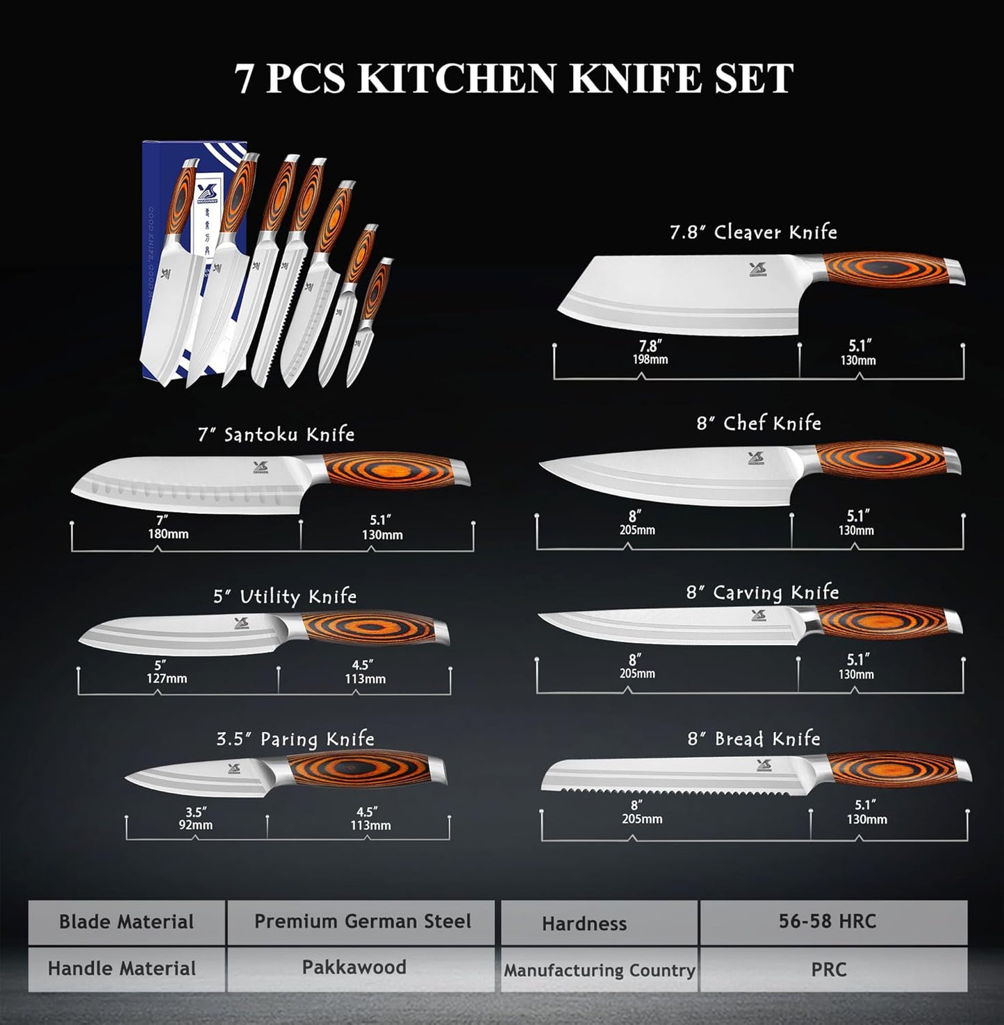 MSY BIGSUNNY 7-PCS Kitchen Knife Set, German Stainless Steel for Chef Knife Set with Pakkawood Handle, Perfect Cutlery Set Gift
