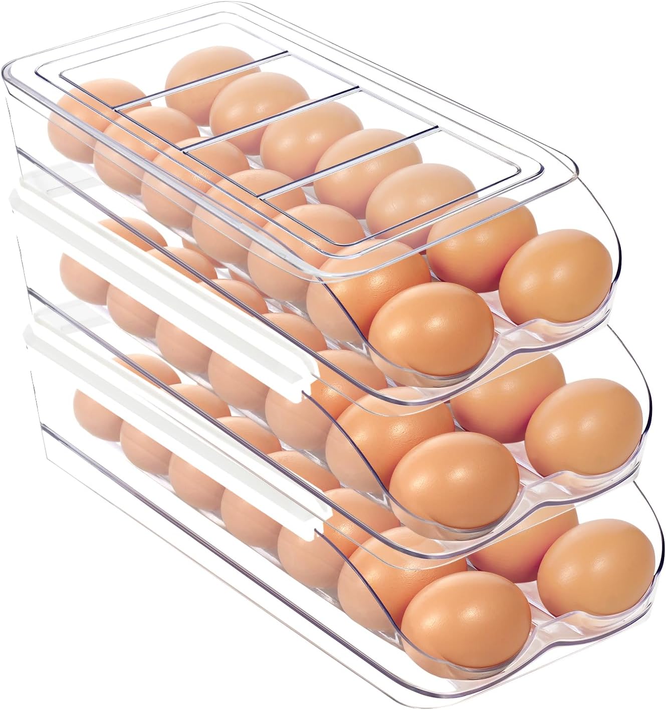 Egg Holder for Fridge, Automatic Rolling Egg Organizer for Refrigerator, Clear Plastic Egg Container & Tray, Stackable Dispenser and Storage Bin with Sturdy Lid to Saving Space -3 Layer