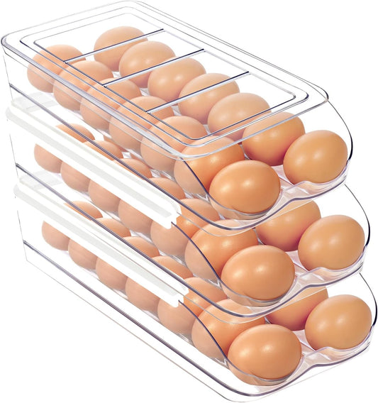 Egg Holder for Fridge, Automatic Rolling Egg Organizer for Refrigerator, Clear Plastic Egg Container & Tray, Stackable Dispenser and Storage Bin with Sturdy Lid to Saving Space -3 Layer