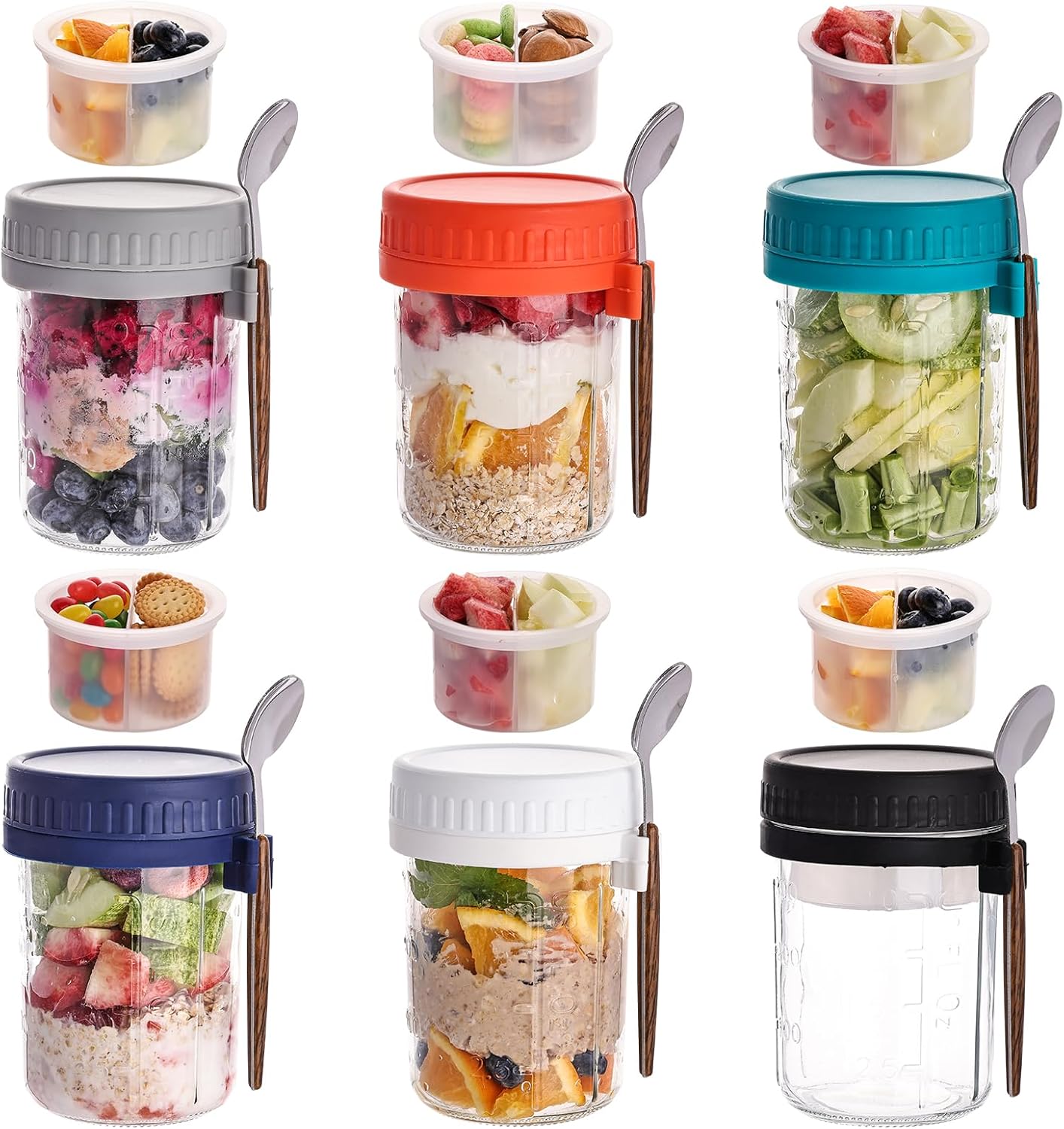 6 Pack Overnight Oats Containers with Lids and Spoons, 16 OZ Glass Mason Jars with Removable Separate Compartments, Airtight Leak Proof Oatmeal Container for Chia Pudding, Yogurt, Breakfast, Cereal