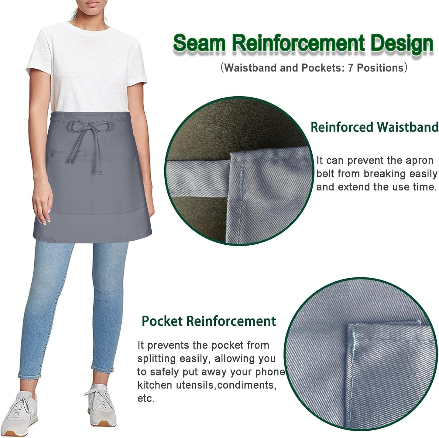 4 Pack Short Server Waitress Chef Apron, Grey Waist Aprons with 3 Pockets for Women Men, Half Apron for Waiter Cooking Dishwashing Cleaning Painting Gardening Barbecue (Polycotton - Grey)