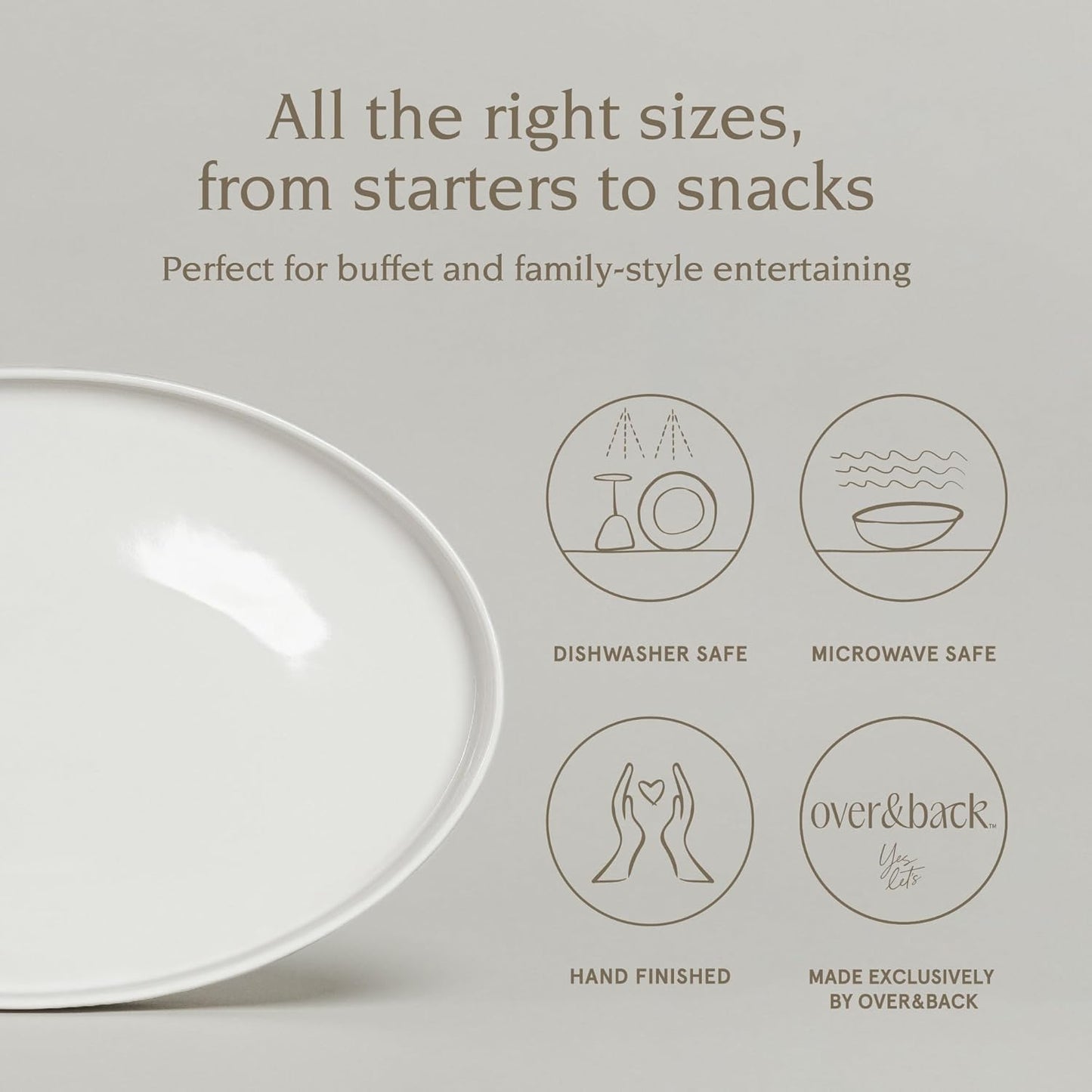 over&back Stackable Stoneware Serving Platter - Elegant 1-Piece Oval Serving Platter to Complete Your Kitchen Set - Perfect for Appetizers, Desserts, and More - 16" L x 11" W - Glossy White