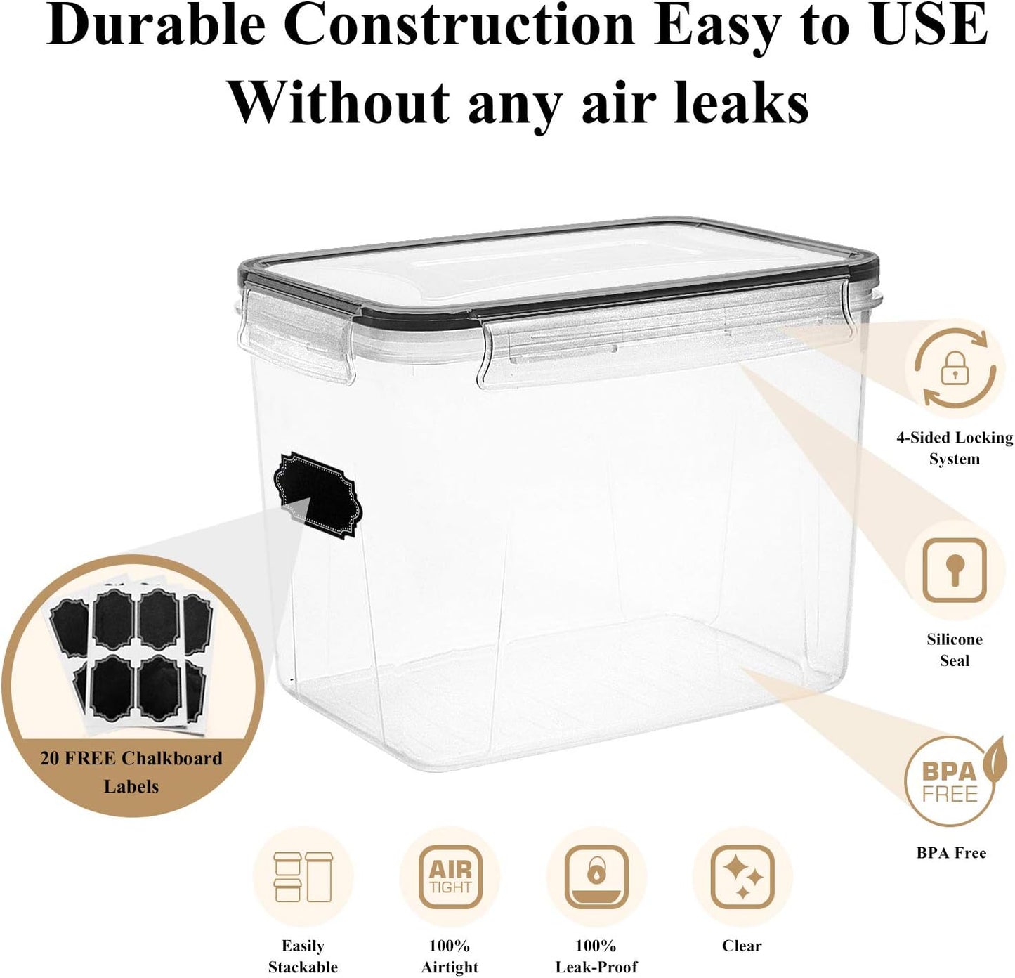 Wildone Airtight Food Storage Containers Cereal & Dry Food Storage Container Set of 6(Black Lid), Leak-proof & BPA Free, With 1 Measuring Cup & 20 Chalkboard Labels & 1 Chalk Marker