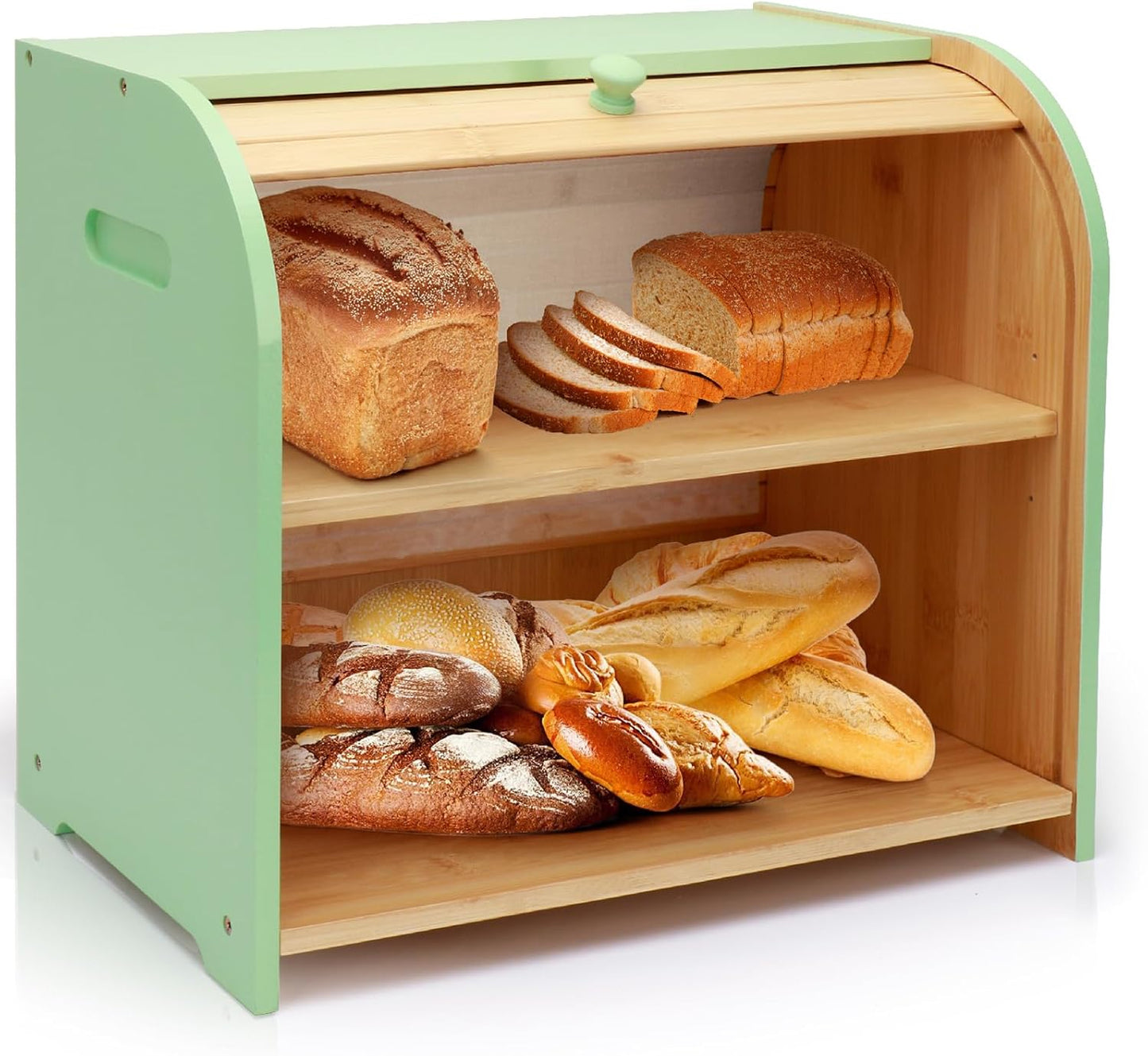 Bread Box for Kitchen Countertop, Double Layer Bamboo Bread Storage Container for Homemade Bread, Roll Top Bread Box with 3 Adjustable Height for Kitchen Counter, Cyan Breadbox Organizer