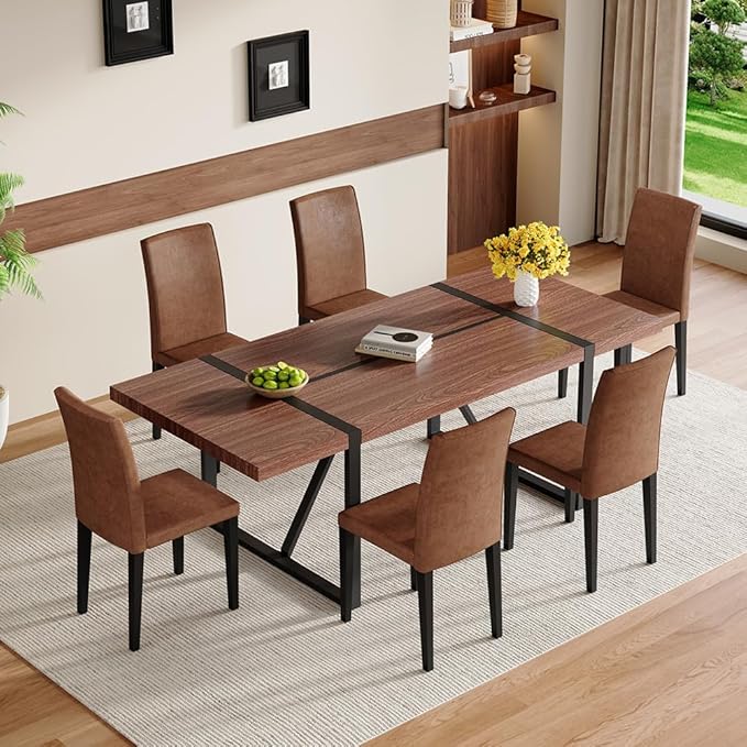 86.6" Dining Table Set for 6, Modern 7 Piece Wood Kitchen Table and Chairs Set, Rectangle Dining Room Table with 6 PU Leather Upholstered Chairs, Ideal for Apartment, Kitchen, Dining Room