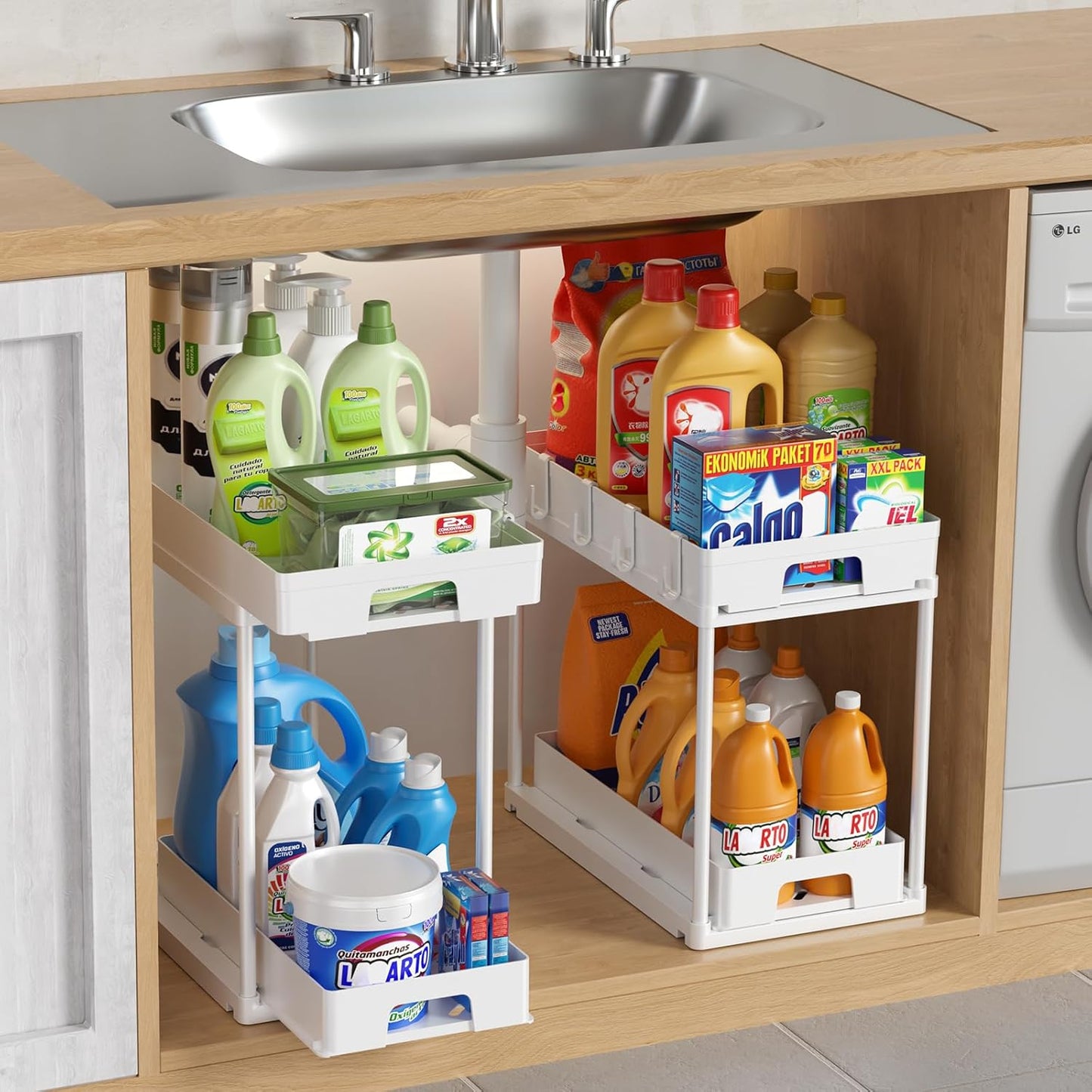 Delamu Under Sink Organizers and Storage, 2 Pack Pull Out Kitchen Bathroom Cabinet Organizer, 2 Tier White Under Sink Storage for Bathroom Kitchen, Under Counter Storage Organizer with 8 Hooks