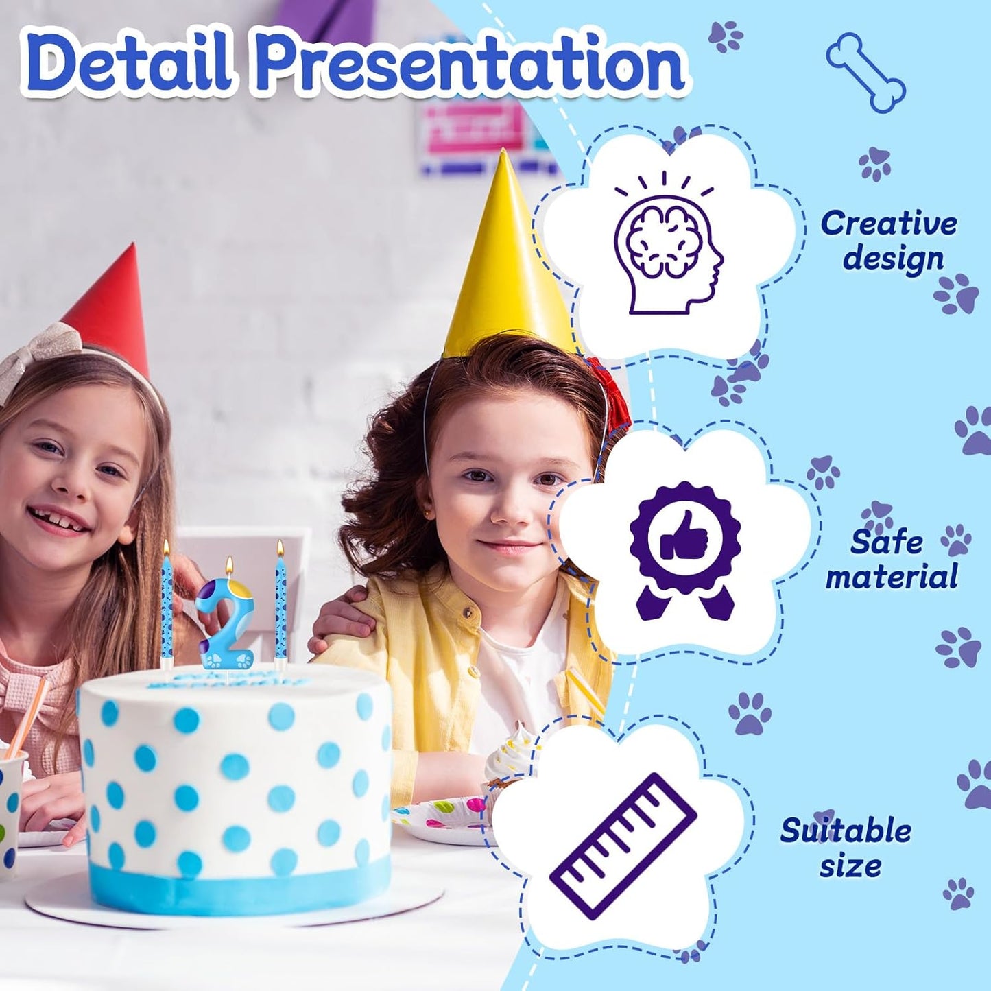 13PCS Blue Dog Paw Birthday Candles Set Cake Topper Numeral Birthday Candles for Boy Girl Dog Paw Decoration(Number 2)