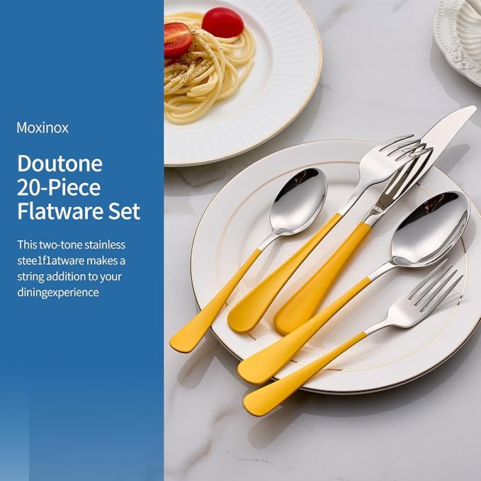 20-Piece yellow Silverware Set, 18/0 Stainless Steel yellow Handle Flatware Set, Service for 4, Modern Cutlery Set Includes Dinner Knives Forks Spoons, Mirror Polished, Dishwasher Safe