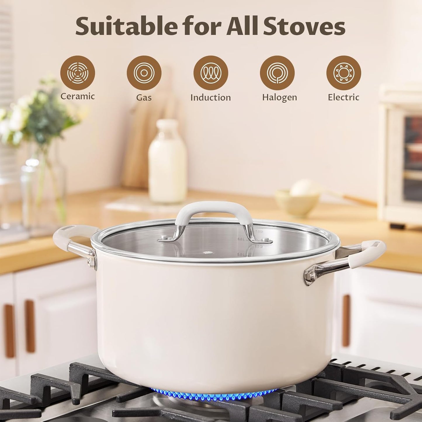 8 Quart Pot with Lid, BEZIA Tri-Ply Stainless Steel Stock Pots, Large Cooking Pots with Silicone Handle, Soup Pot for Induction Cooktop, Compatible with All Cooktops, Dishwasher Safe