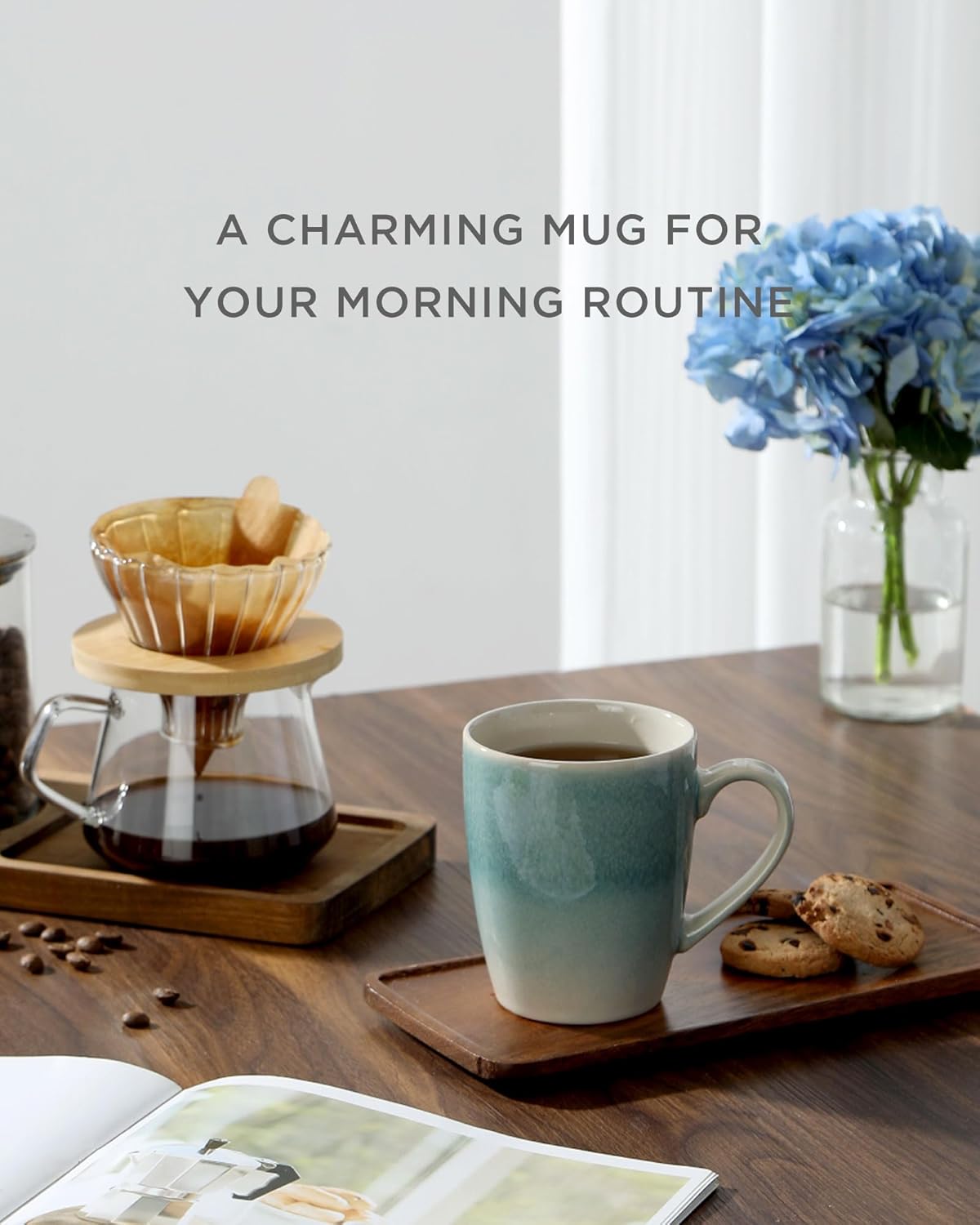 famiware Coffee Mugs Set, 13 oz Mug Set of 6, Stoneware Cups for Latte, Hot Tea, Mocha, Cocoa, Cappuccino, Microwave and Dishwasher Safe, Glacier Series, Aqua