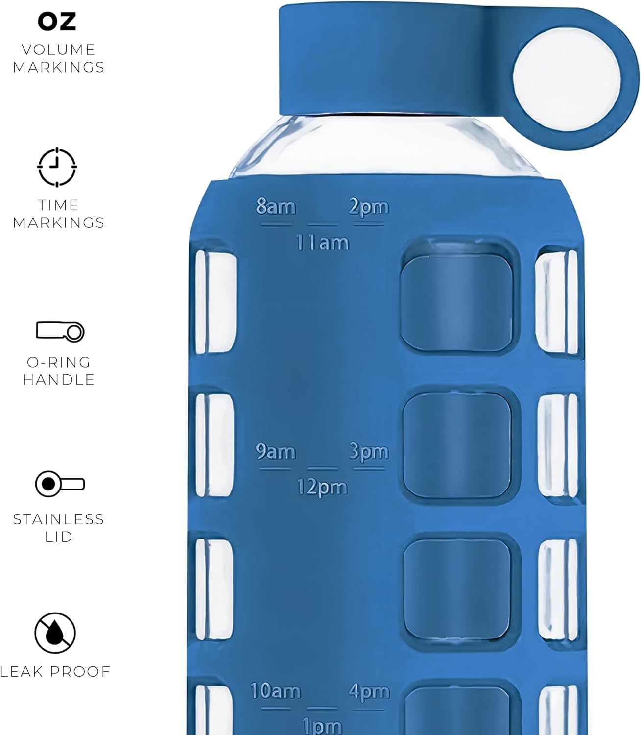 purifyou 40oz / 32oz / 22oz / 12oz Borosilicate Glass Water Bottle with Time & Volume Markers, Silicone Sleeve, Stainless Steel Lid – Reusable Glass Bottle for Water & Juice (22oz Chinese Porcelain)