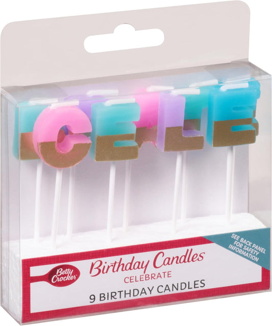 Betty Crocker Birthday Candle Cake Topper - 9 Colorful Candles to Spell Celebrate for Birthday Parties, Graduation Celebrations