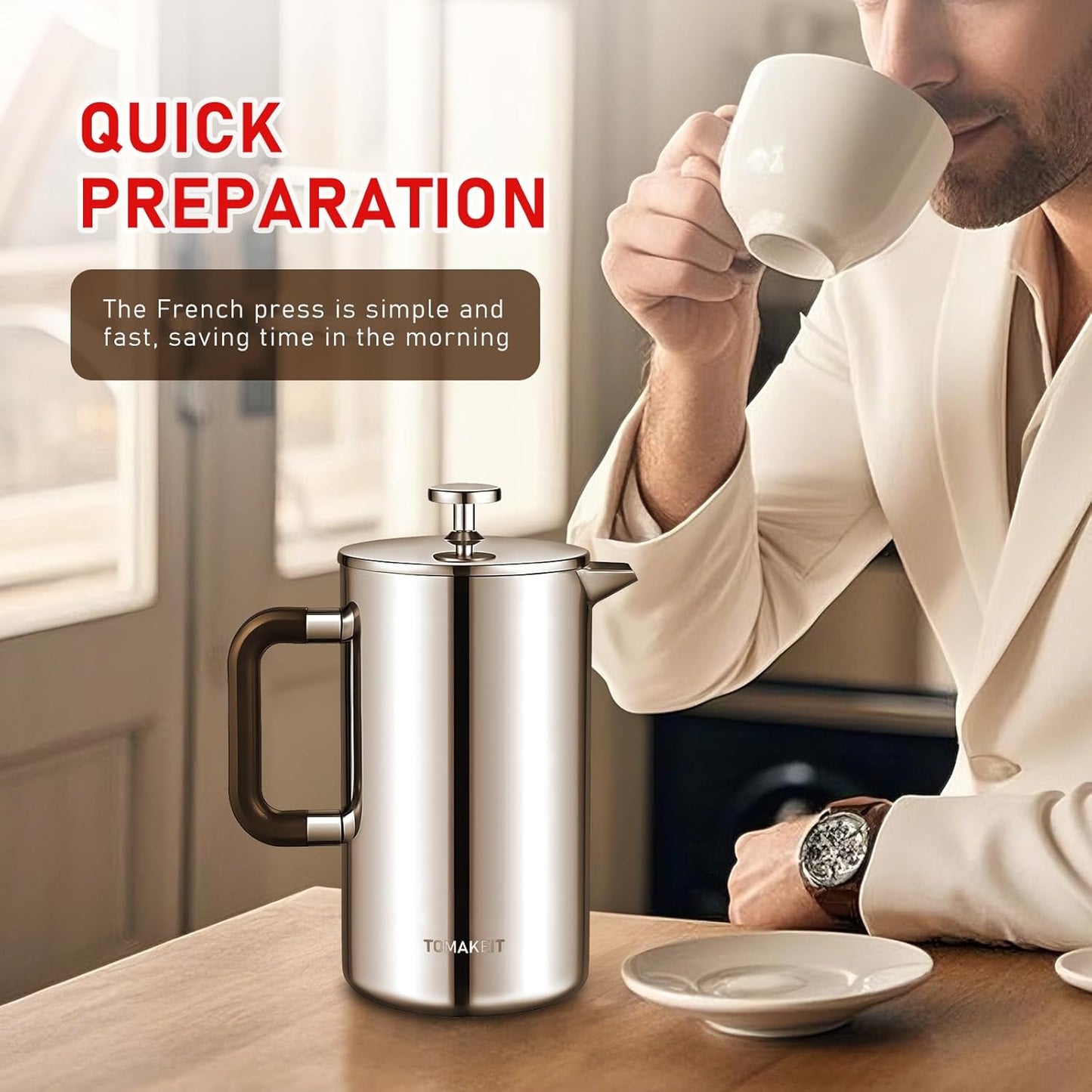 1L/34 Oz French Press Coffee Maker,304 Stainless Steel Coffee Press,Durable & Easy Clean,Leak-Proof Design,Prensa Francesa Para Cafe for Home,Office,Camping