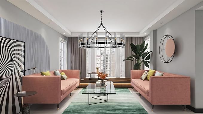 48 Inch Black Wagon Wheel Chandelier with Glass Shade, 16 Lights, Modern Farmhouse Style, Ideal for Dining Room, Kitchen, Entryways