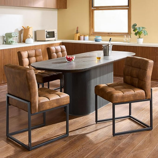 Coffee Faux Leather Dining Chairs Set of 4, Mid-Century Modern Dining Room Chairs with Armless, Checkered Kitchen Chair with Metal Legs