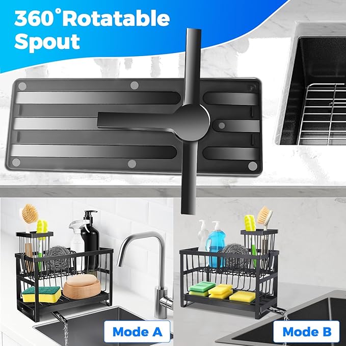 2-Tier Sponge Holder for Kitchen Sink,Self Drain Sink Caddy with Brush Holder, Countertop Accessory for Sponges, Brushes and Dish Rags,Kitchen Countertop Organizers and Storage Essentials