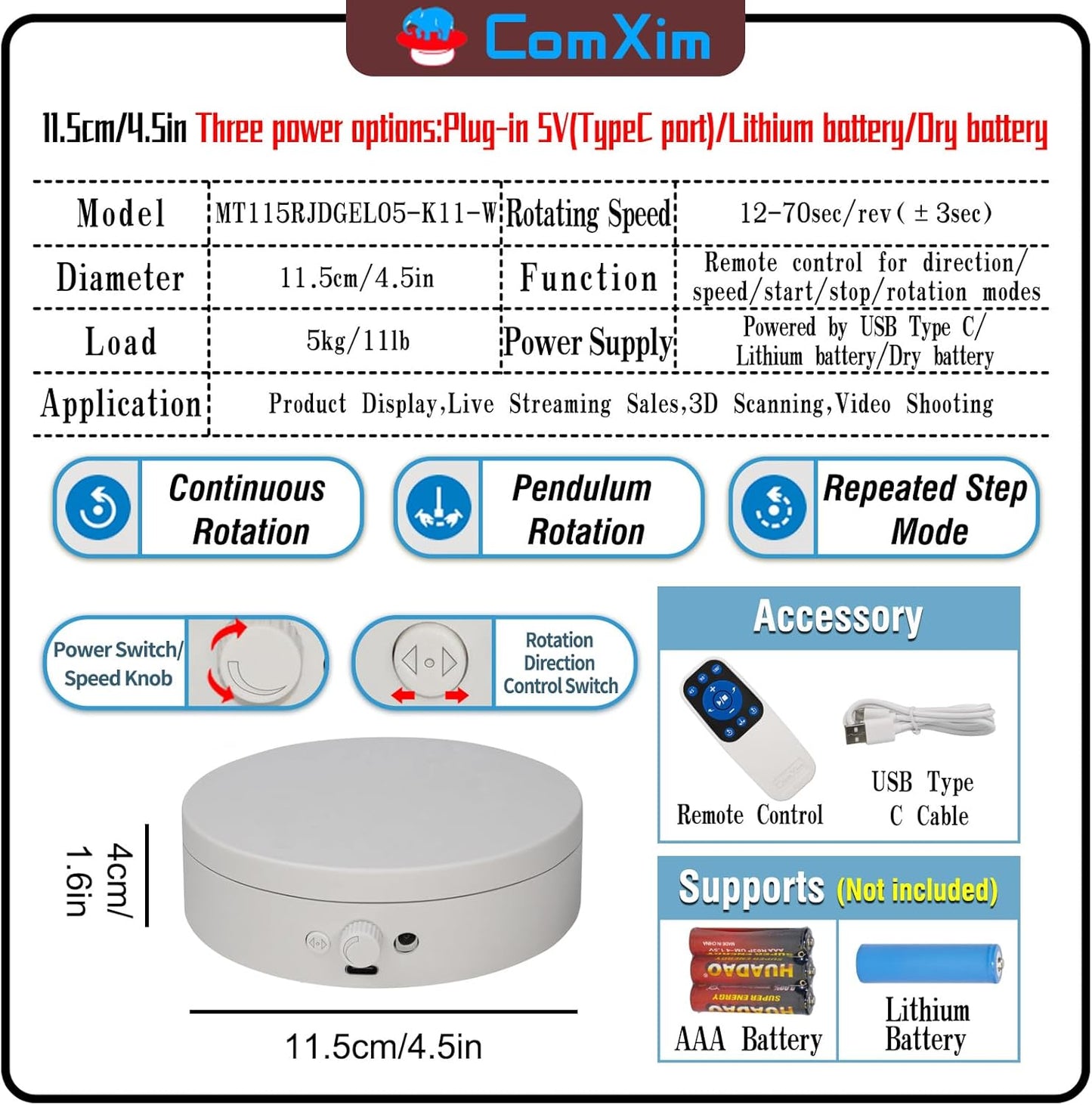 Motorized Rotating Display Stand with Remote, 4.53in 360 Electric Turntable for Display,Photography,3D Scanner Models, Motorized Lazy Susan and Photography Turntable Control Angle/Speed,Step/Swing/Continuous Rotation