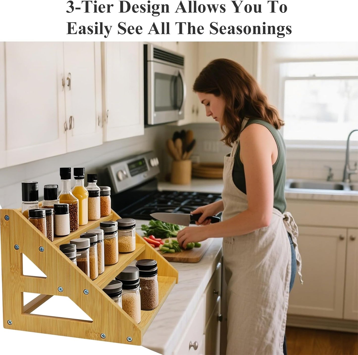 3-Tier Spice Rack Organizer,Bamboo Spice Rack for Kitchen Countertops,Cabinets & Pantries,Modern Space-Saving Design, Durable Bamboo Organizer (Spice Bottles Not Included)