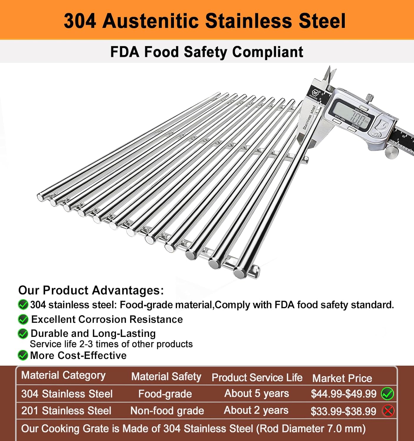 17.5" Cooking Grates for Weber Spirit E210 E220 & Spirit II E210 E220 Series Grills with Front Control Knobs;304 Stainless Steel Grates;Weber Grill Grates 7637;Weber Grill Grids (2 Pcs)