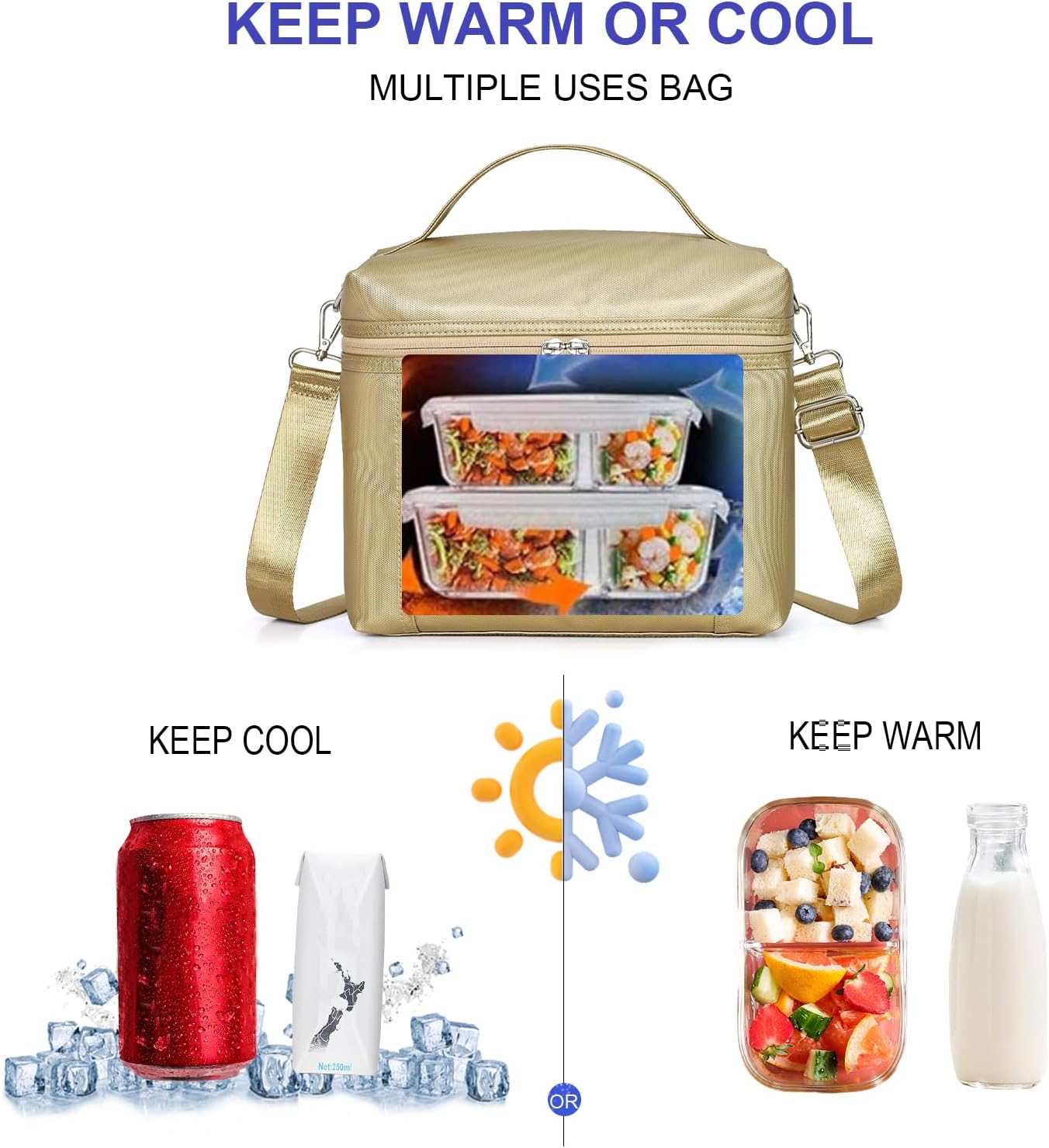 NOL Natural Organic Lifestyle Insulated Lunch Bags for Women Cooler Bag Lightweight Nylon Waterproof Lunch Box For Work (Gold, Medium(normal))