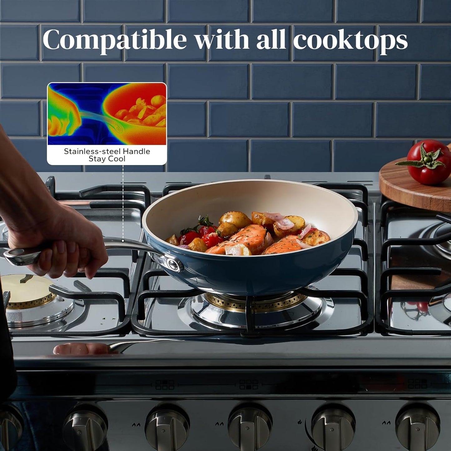 Redchef Ceramic Deep Saute Pan with Lid, Large Jumbo Cooker, 11 Inch Frying Pans Nonstick with Stay Cool Handle, Non Toxic Cooking Skillet, Kitchen, Induction Dishwasher Safe, PFOA & PFAS Free(Blue)