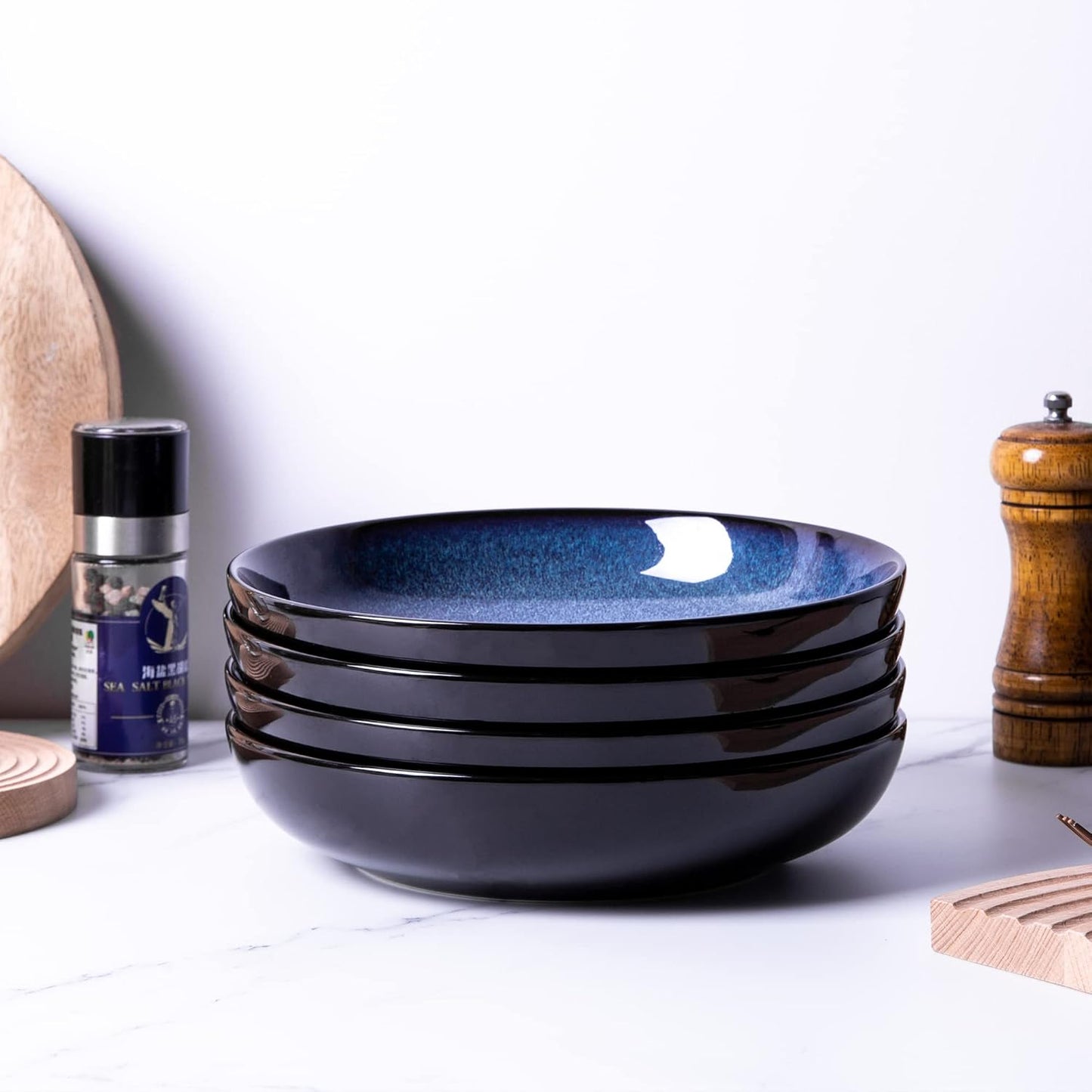 LERATIO Large Pasta Bowls,38oz Ceramic Pasta Bowls,9.0" Reactive Glaze Pasta Bowl Set of 6,Microwave & Dishwasher,Oven Safe,Wide Serving Bowls for Salad,Pasta,Fruit,Scratch Resistant-Blue