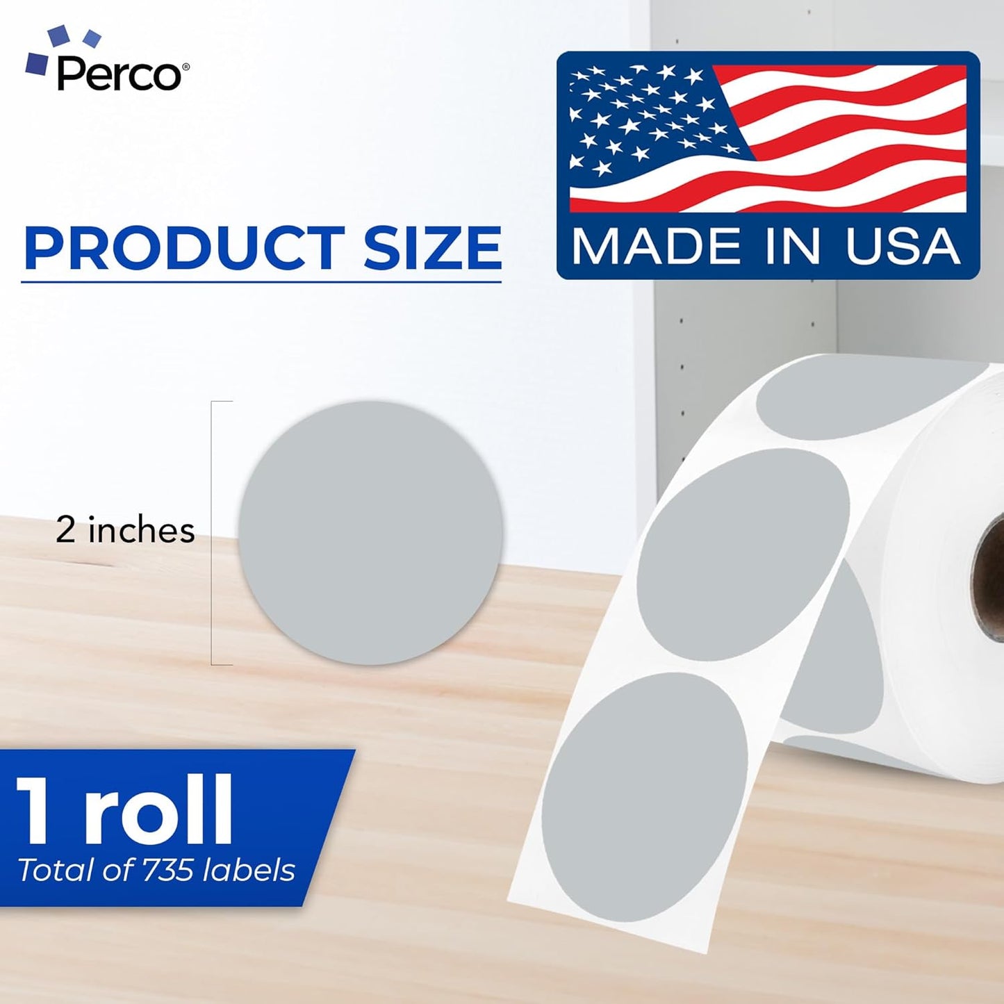 Perco Grey 2-Inch Perforated Circle Dot Thermal Sticker Labels — 735 Stickers/Roll, Direct Thermal Printer Compatible—with Permanent Adhesive for Organizing, Color Coding, Bin Labeling—Made in USA
