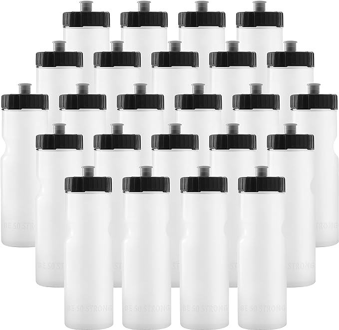 50 Strong Bulk Water Bottles | 24 Pack Sports Bottle | 22 oz. BPA-Free Easy Open with Pull Top Cap | Made in USA | Reusable Plastic Water Bottles for Adults & Kids | Top Rack Dishwasher Safe