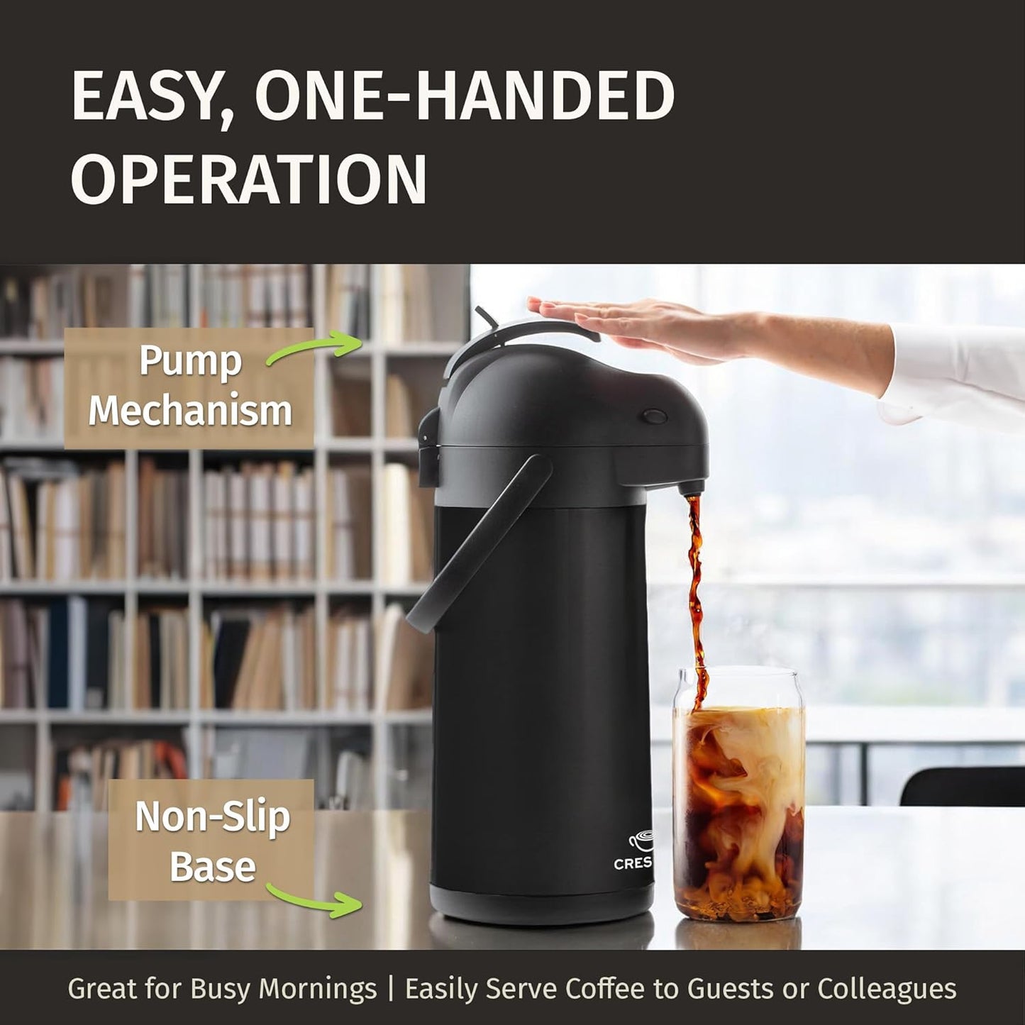 Airpot Coffee Dispenser With Pump, Black - 12 Hours Hot Water Dispenser with Pump, 36 Hours Cold - Coffee Thermal Carafe for Hot Drinks, Tea Flask for Beverages -Large Carafe w/ One-Handed Dispensing