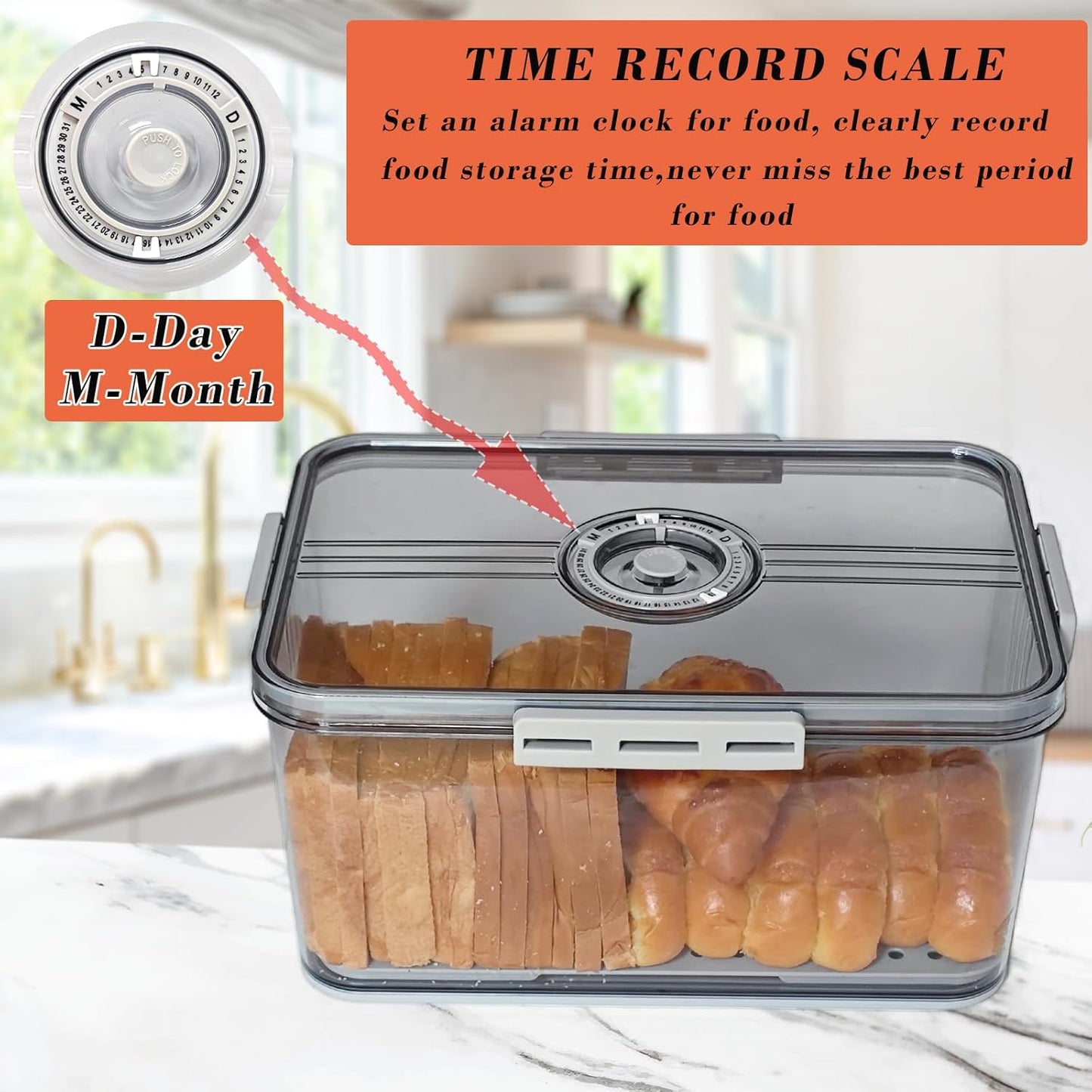 Bread Box Bread Boxs with Lid for Kitchen Counter, 10L Airtight Loaf Bread Storage Container，Time Recording Bread Keeper for Homemade Bread, Toast, Bagel, Donut and Cookies (Grey)