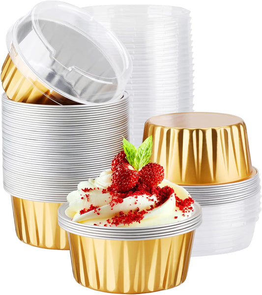 EUSOAR Disposable Ramekins Aluminum Foil, Gold 60Packs 5oz Baking Cups with Lids Mini Muffin Liners, Dessert Cheesecake Pan Creme Brulee Cupcake Containers for Catering Gathering Club Wedding Party
