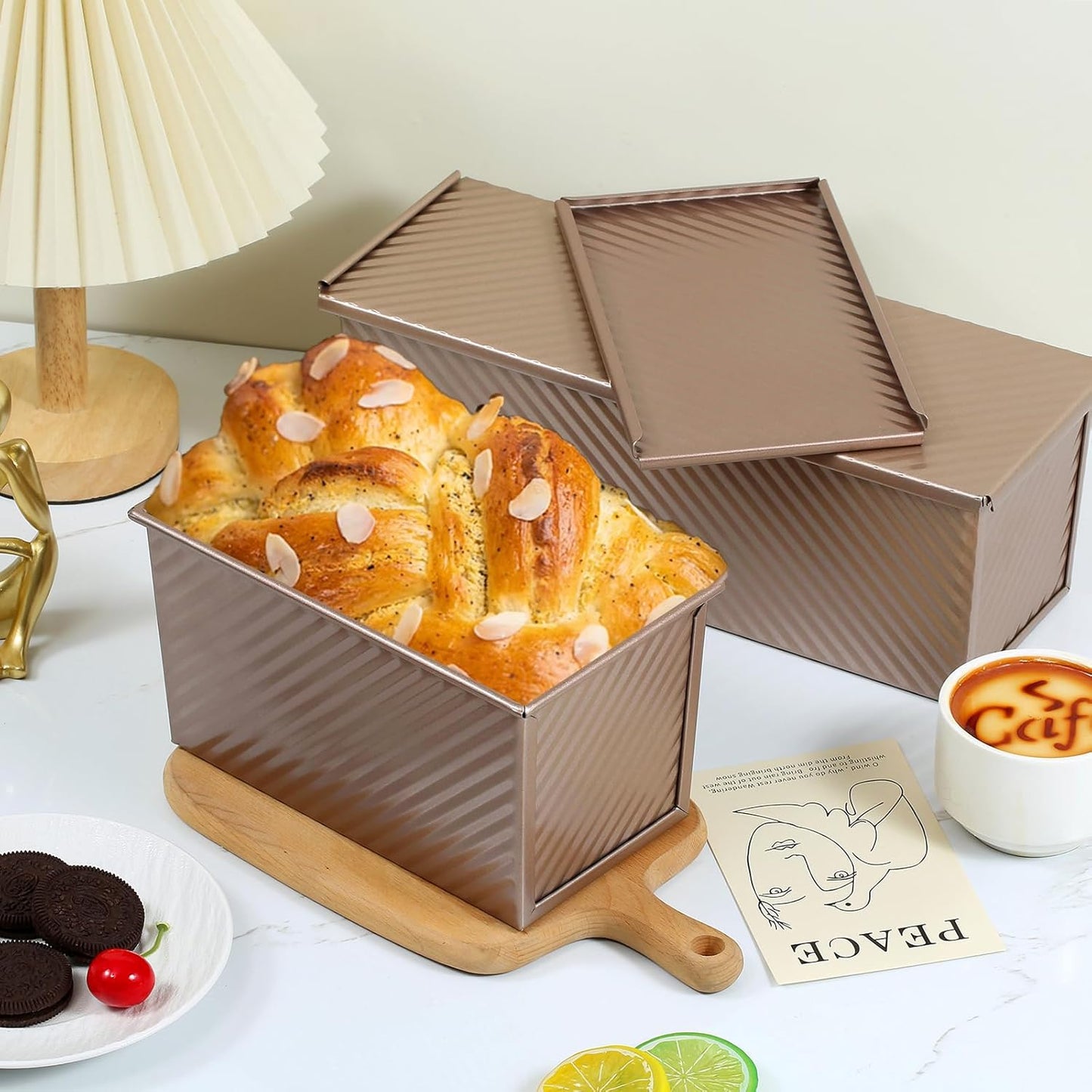 SS&CC Pullman Loaf Pan with Lid 2-Pack, 2.2lb & 1lb Carbon Steel Bread Pan for Homemade Sourdough & Sandwich Bread | Nonstick Bakeware, Heavy Duty & Easy Clean (Gold, 1lb+2.2lb)