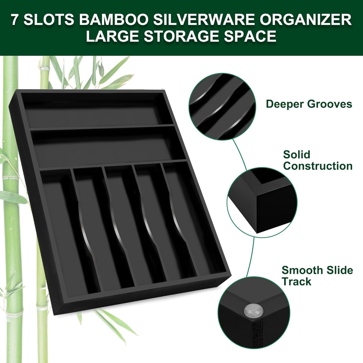 Bellsal Black Utensil Organizer 12.5 Inch Silverware Tray for Drawer Utensil Holder Cutlery Organizer Kitchen Drawer Organizer 7 Compartment Small Narrow Bamboo