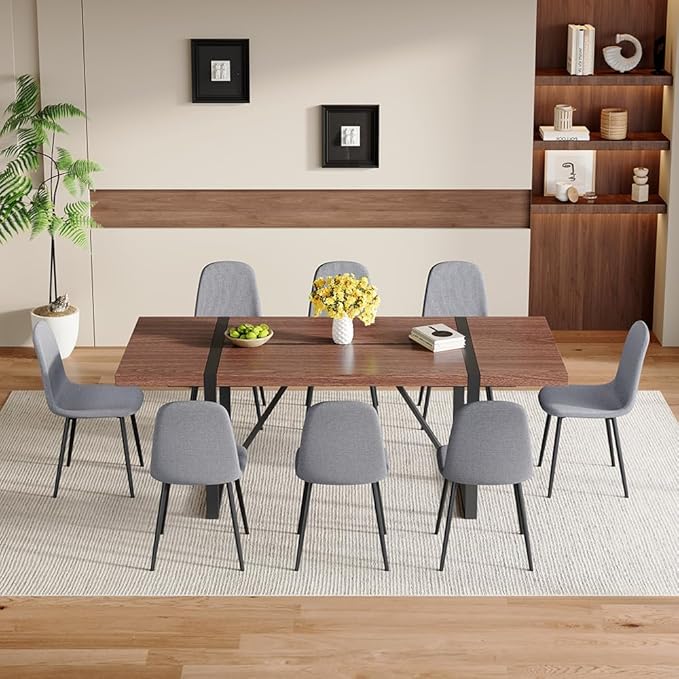 86.6" Dining Table Set for 8, Modern 9 Piece Wood Kitchen Table and Chairs Set, Rectangle Dining Room Table with 8 PU Leather Upholstered Chairs, Ideal for Home, Kitchen, or Apartment Dining