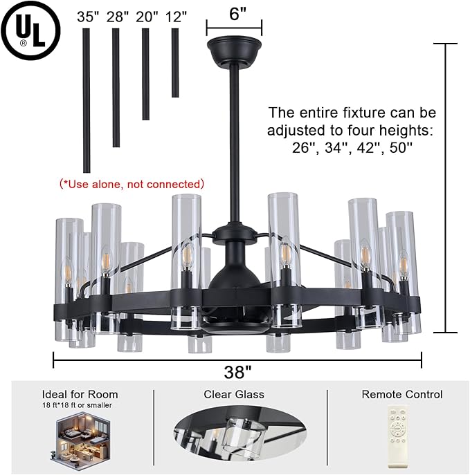 Black Ceiling Fans with 12 Lights Wagon Wheel Chandelier, 38 Inch Modern Farmhouse Fandelier, Quiet 6-Speed Reversible DC Motor, 1/2/4H Remote Timing for Living Room/Bedroom/Kitchen
