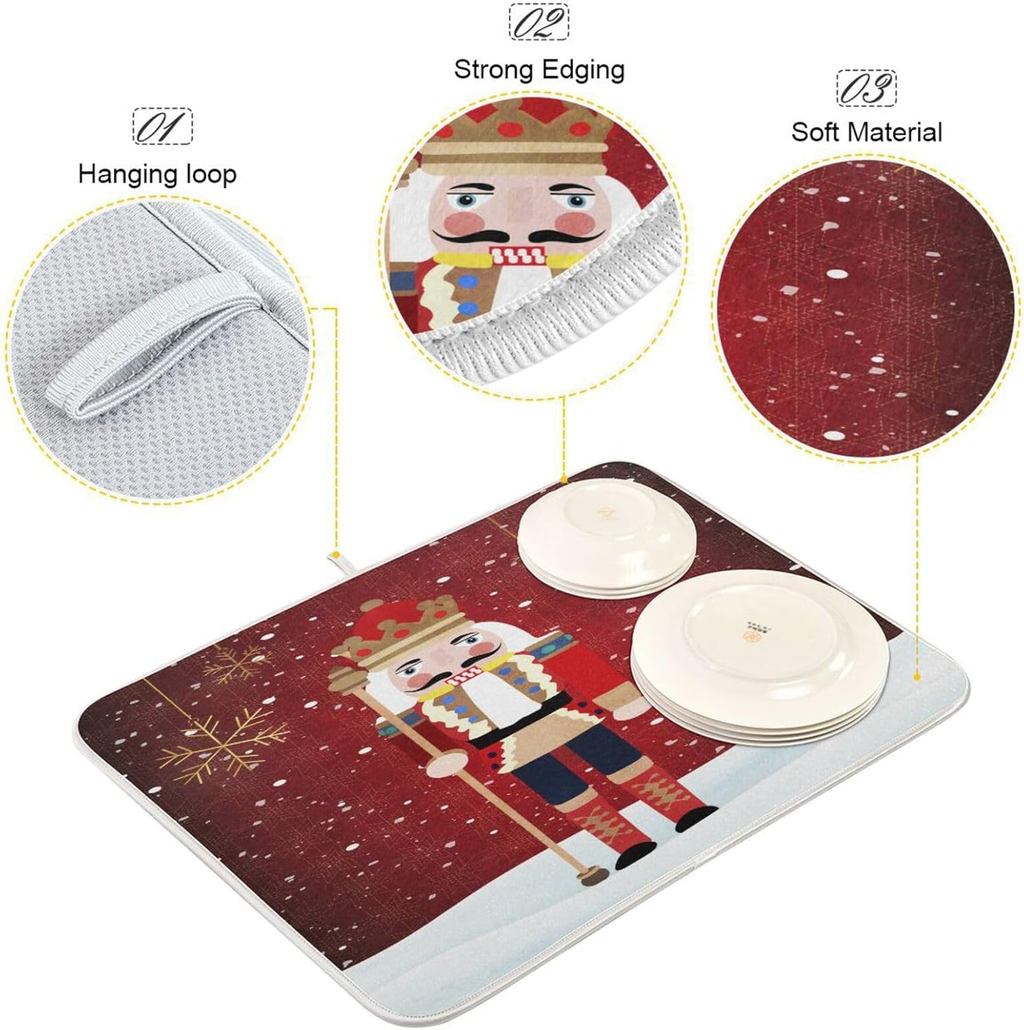 Nutcracker Christmas Dish Drying Mat for Kitchen Counter Absorbent Microfiber Drying Pad, Large 18x24 in, Reversible Drainer Mats