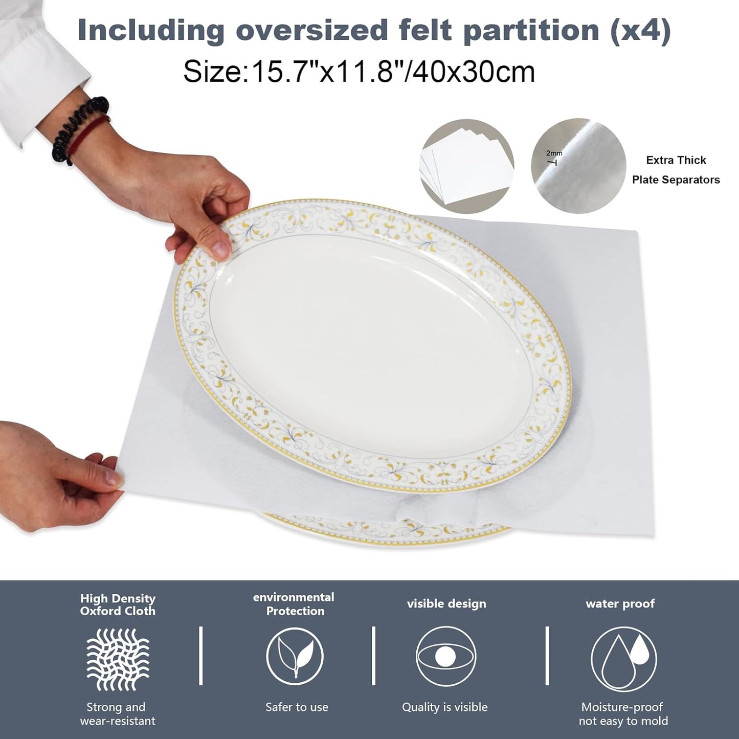 Platter Storage Case - Plate Storage Containers with PVC Windows,16.5“x12.6x5.5'', Stackable China Storage Containers Hard Shell,4 Felt Dividers Included for Dish,Plate, Dinnerware and Transport(Gray)