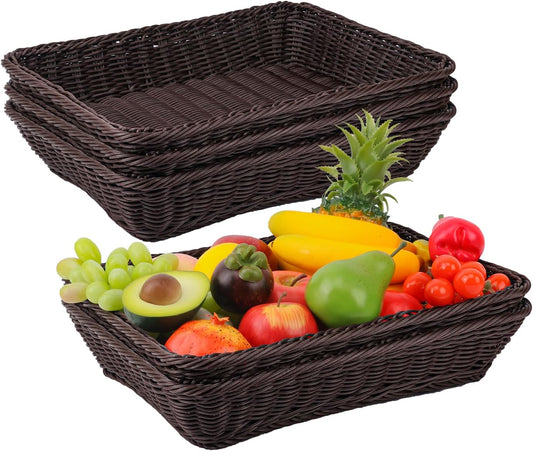 5 Pack 16 Inch Deep Coffee Wicker Bread Basket, Handmade Woven Organizer, Rectangular Fruit Baskets, Snack Basket Food Serving Baskets for Dining Table, Candies, Crackers, Fruit, Vegetables