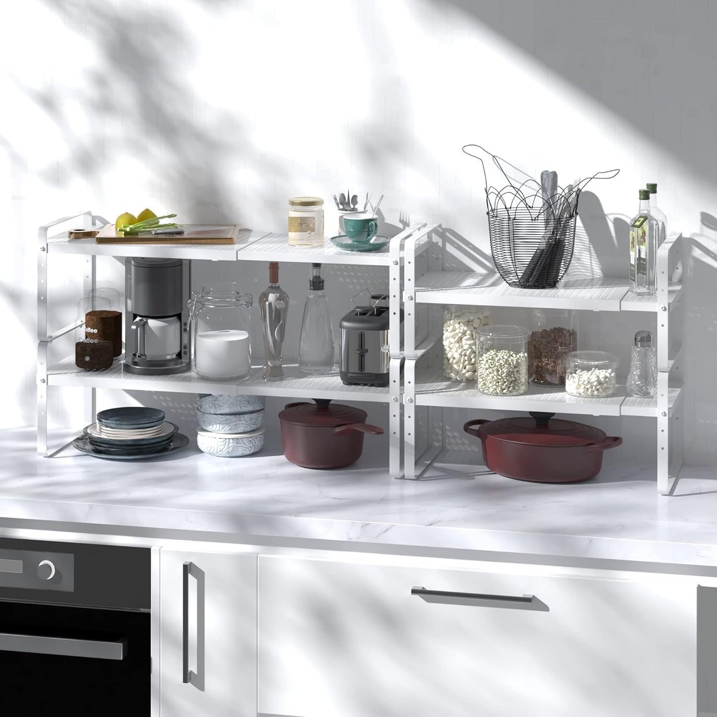 Expandable Cabinet Shelf Organizer Adjustable Metal Spice Rack Stackable Freestanding Counter Storage Shelves for Kitchen Cabinet Under Sink Office Desk (White - 3Pack - L16.5-27'' * W8'' * H9.6'')