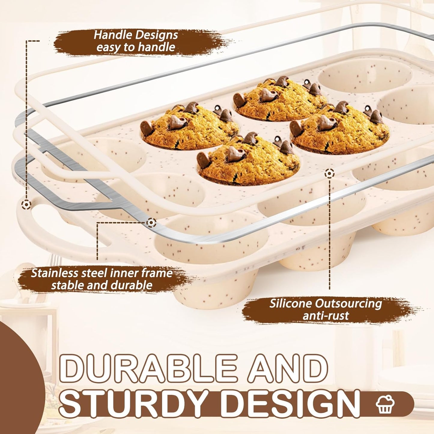 Silicone Muffin Pan, 12 Cups Muffin Tin Baking Mold With Reinforced Stainless Steel Frame Inside, Nonstick Bakeware Cupcake Pan BPA Free, 2PCS