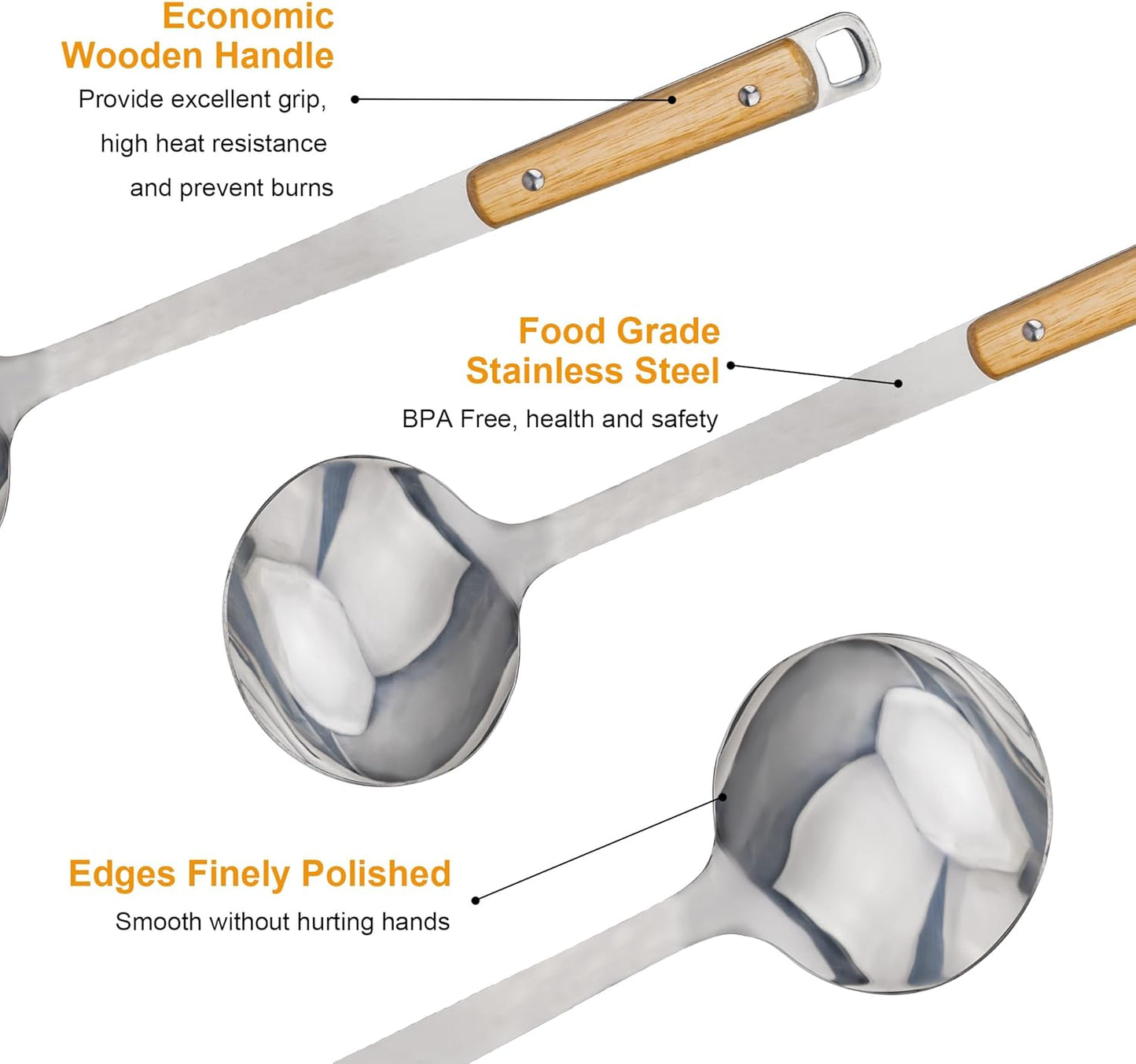 FJNATINH Stainless Steel Soup Ladle, Large Metal Ladel Spoon for Serving, Cooking, Wok, Soup, Heat-proof Wooden Handle, Heavy Duty Wok Tool 13.7 Inches